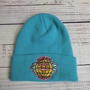 Killer Acid Worldwide Acrylic‎ Beanie Hat Teal Embroidered Pink Yellow One Size